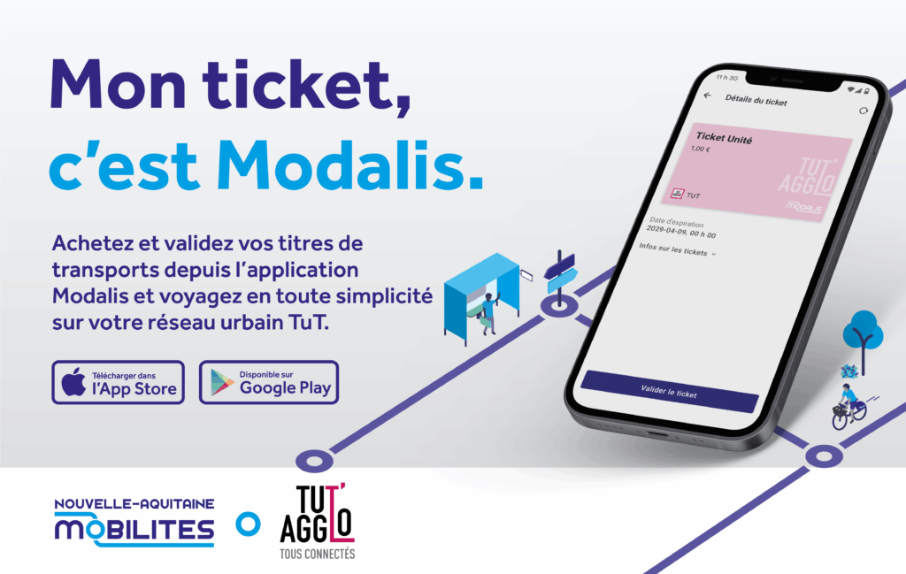 Mon ticket, c'est Modalis.

Achetez et validez vos titres de transports depuis l'application Modalis et voyagez en toute simplciité sur votre réseau urbain Tut.